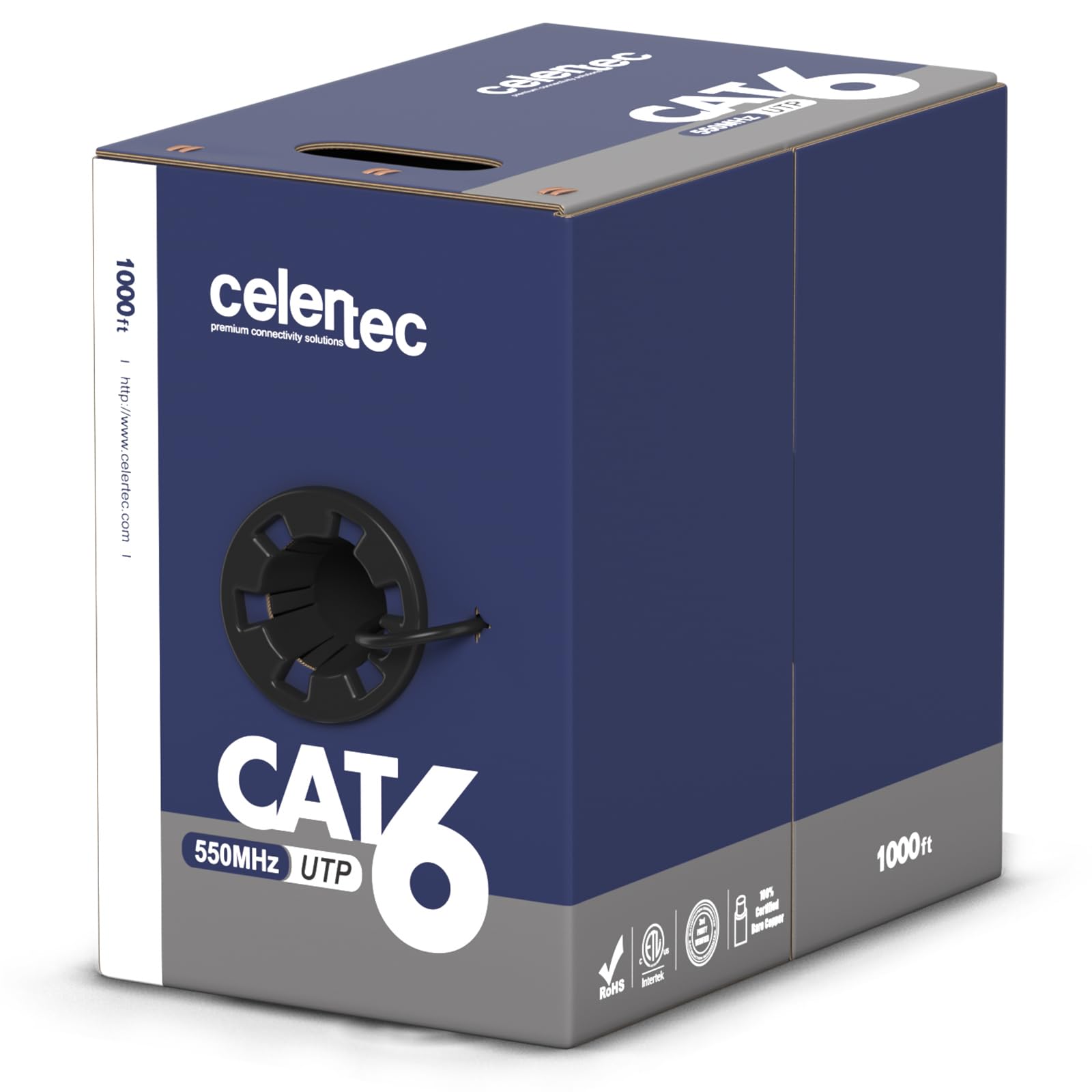 Celertec Cat6 Ethernet Cable, 1000Ft, 23Awg Solid Bare Copper, Unshielded Twisted Pairs(Utp), 550Mhz, Etl Listed &Cmr Riser Rated, Indoor, Bulk Ethernet Cable, Pull Box  Black