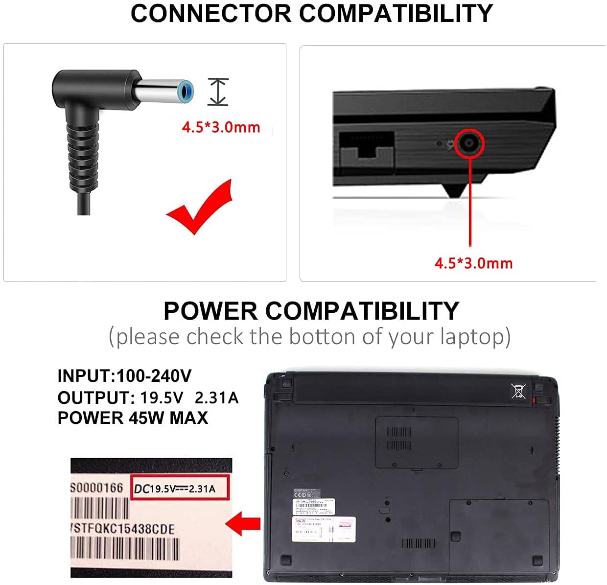 Dtk 19.5V 2.31A 45W Hp Ac Laptop Charger For Pavilion, Elitebook Folio, Hp Stream Adapter For Notebook Computer Pc Power Cord(Blue Tip : 4.5 X 3Mm)