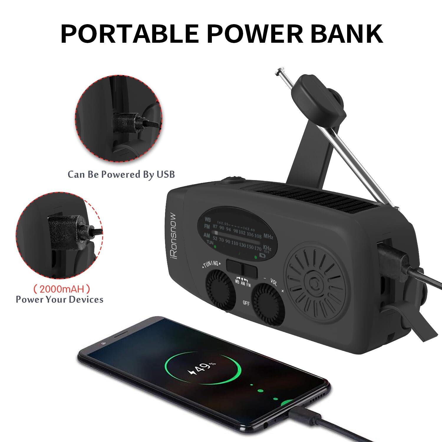 Ironsnow Solar Emergency Noaa Weather Radio Dynamo Hand Crank Self Powered Am Fm Wb Radios 3 Led Flashlight 2000Mah Usb Smart Ph