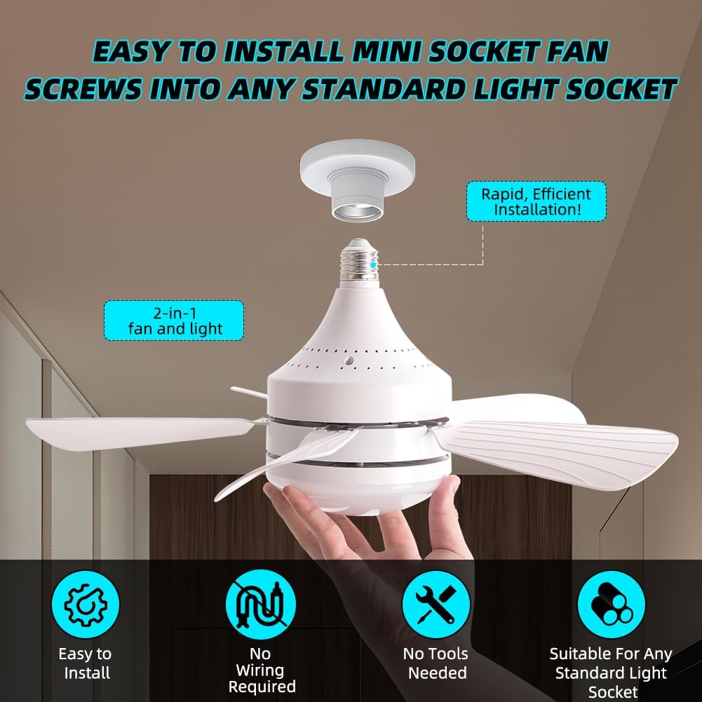 Aomohk Socket Fan Light With Remote, 18'' Small Light Socket Ceiling Fan For E26 Base, 3Cct Dimmable Mini Screw In Ceiling Fan I