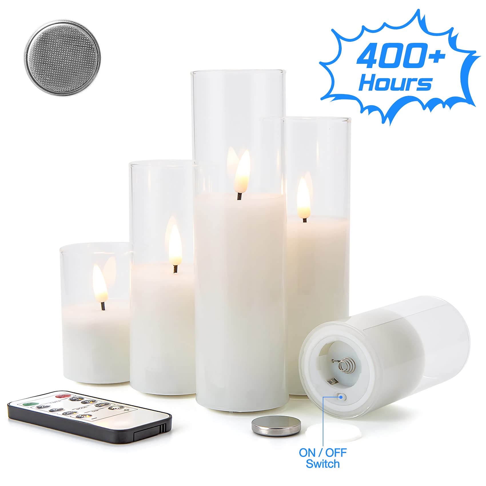 Eywamage 5 Pack Clear Glass Flameless Candles With Remote, Flickering Slim Tall Led Pillar Votive Candles Battery Included