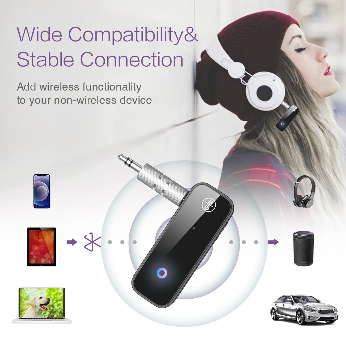 Oria Bluetooth 5.0 Receiver For Car, Upgraded Aux Bluetooth Adapter, 2 In 1 Bluetooth Transmitter Receiver With Noise Cancelling