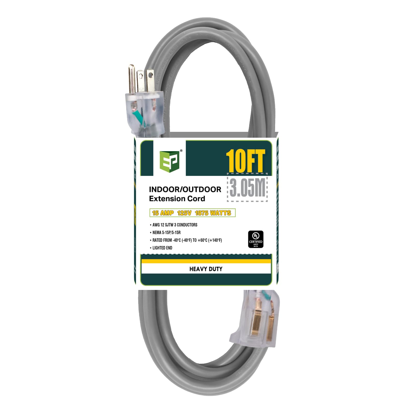 Ep 10 Ft Lighted Outdoor Extension Cord   12/3 Sjtw Heavy Duty Grey Extension Cable With 3 Prong Grounded Plug   Power Cord For
