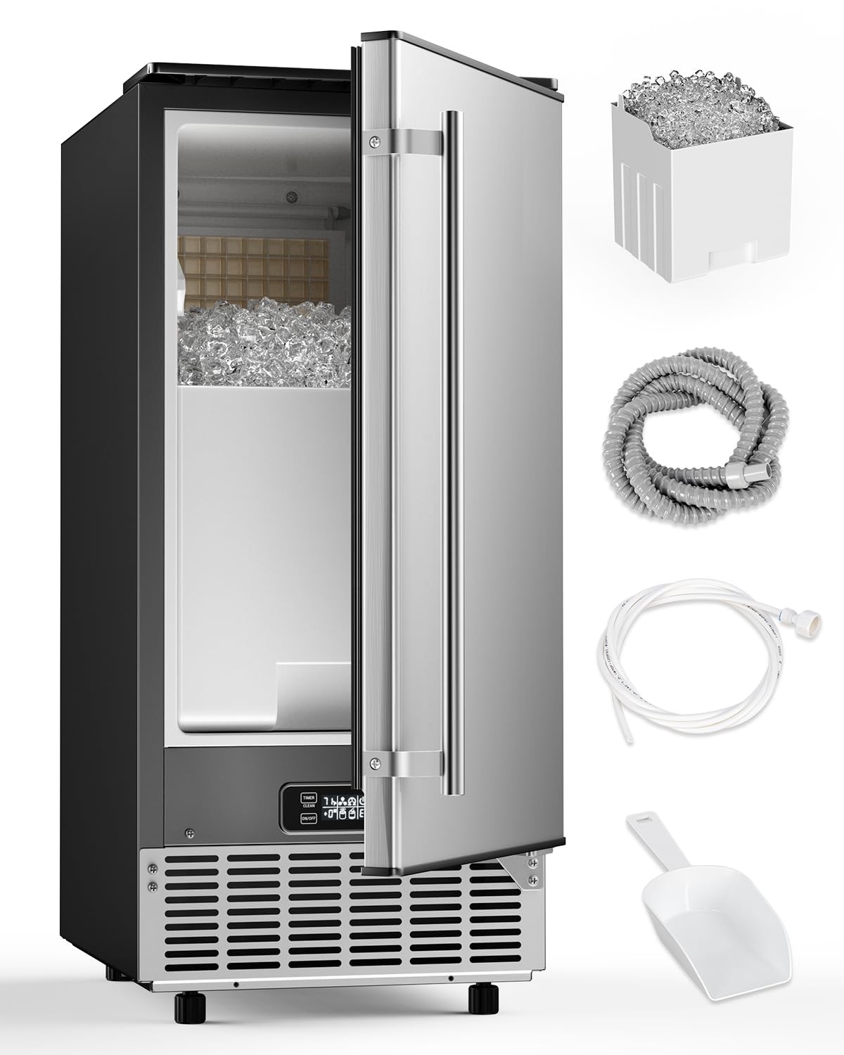 Feelfunn Commercial Ice Maker Machine - 85Lbs/Day, 24Lbs Storage, Built-in Undercounter Ice Maker with Auto-Cleaning & Timer, Fr