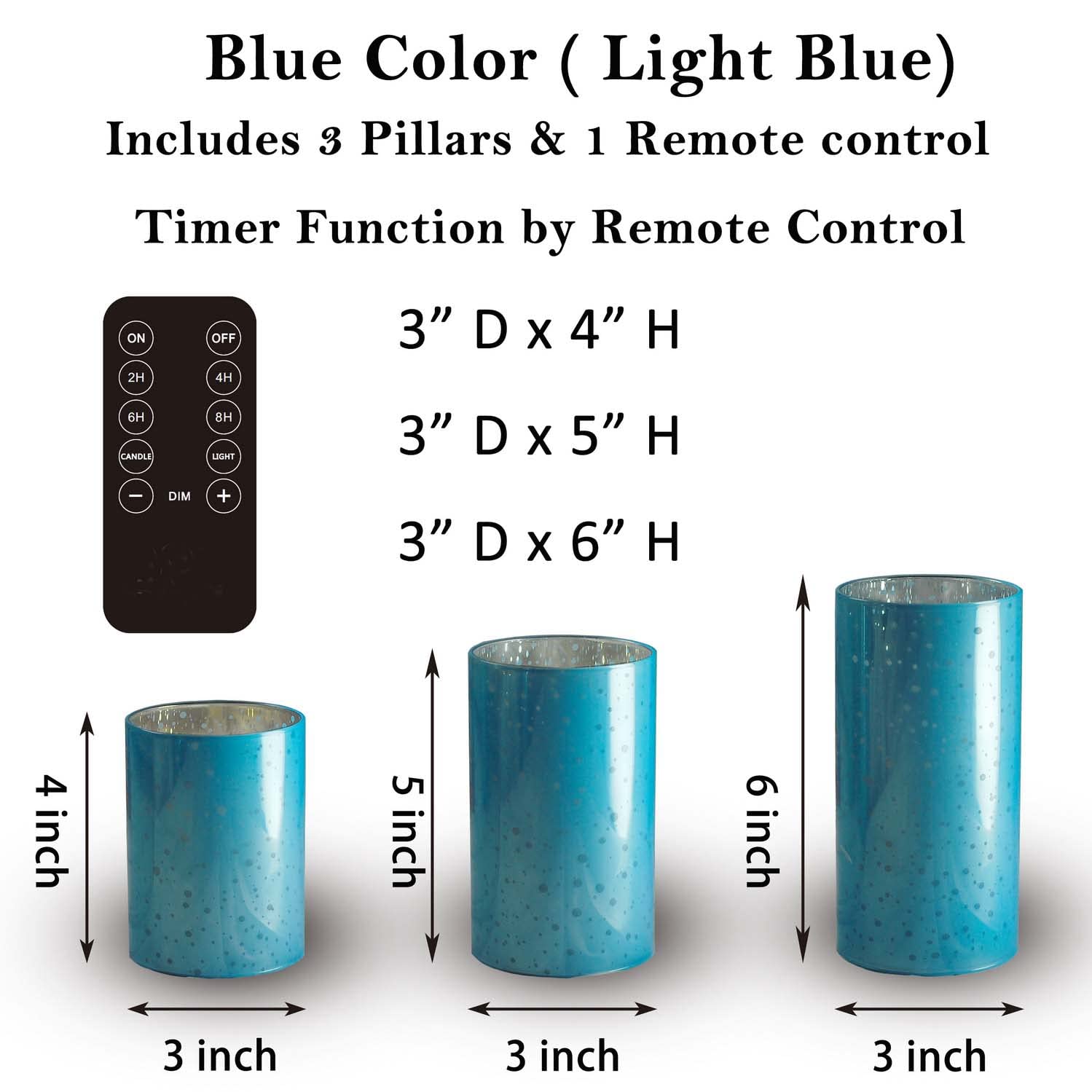 Sky Blue Mercury Effect Glass Flameless Candles, Battery Operated  500 Hr Battery, Realistic Glow For Christmas, July 4Th & Prem