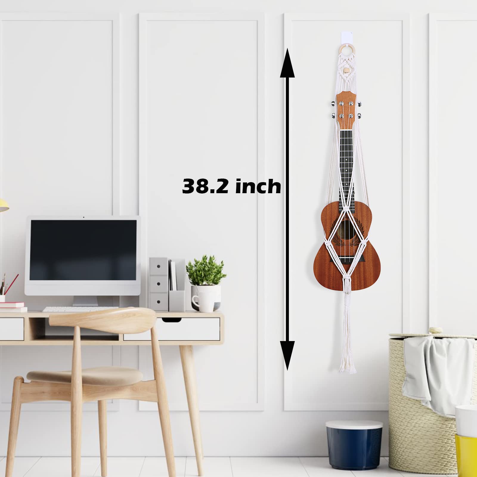 Majowir Macrame Ukulele Hanger Wall Mount   Handwoven Ukulele Wall Mount Holder For Soprano Ukulele, Boho Wall Decor, Natural Co