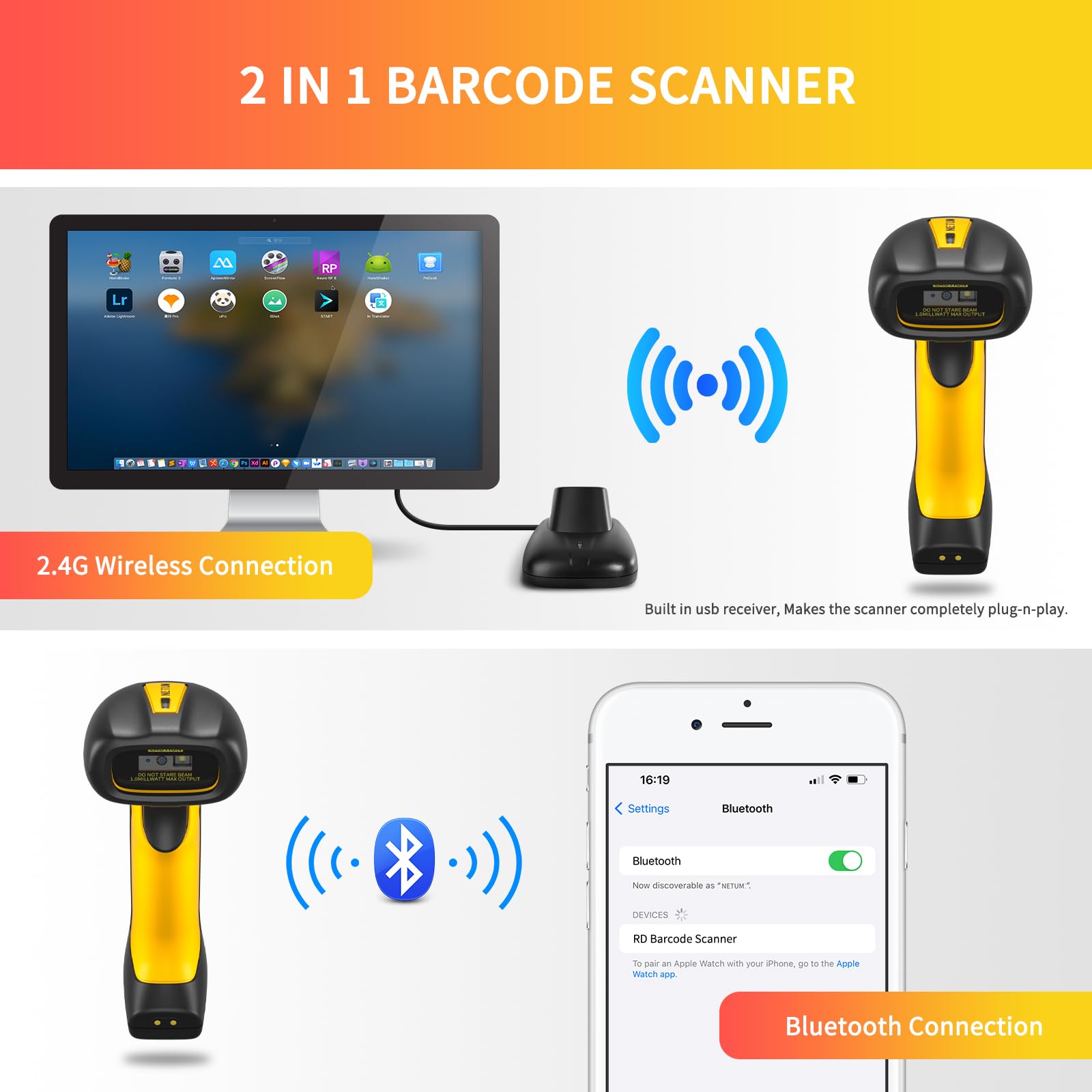 Netum Upgraded Qr Industrial Bluetooth Barcode Scanner With Charging Dock, Wireless 2D 1D Bar Code Reader 2600Mah Drop Protectio