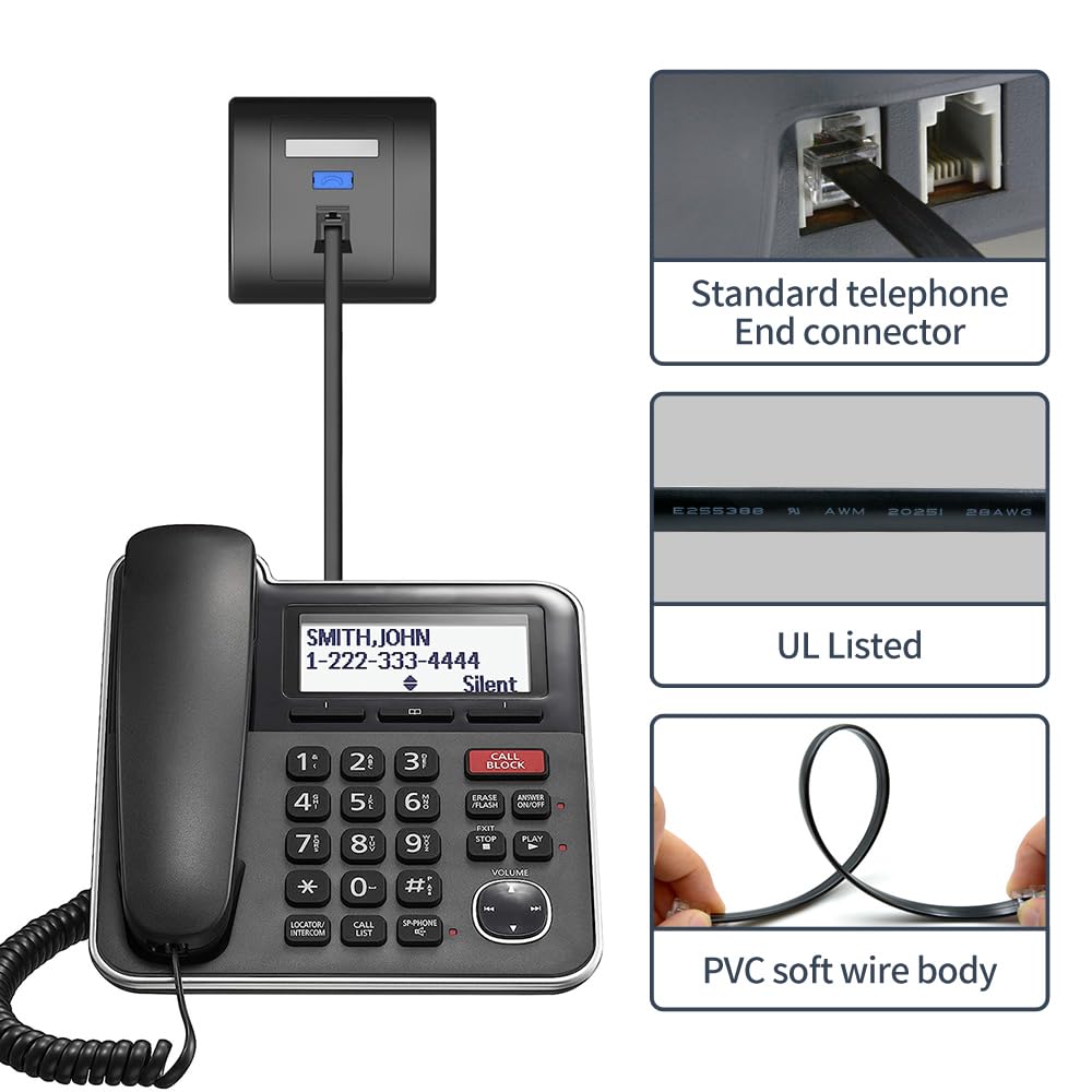 Xanham Rj12 Cable Short 1 Foot Telephone Line Cord With 6P6C Connector Landline Phone Wire For Both In Wall And Out Wall Using,