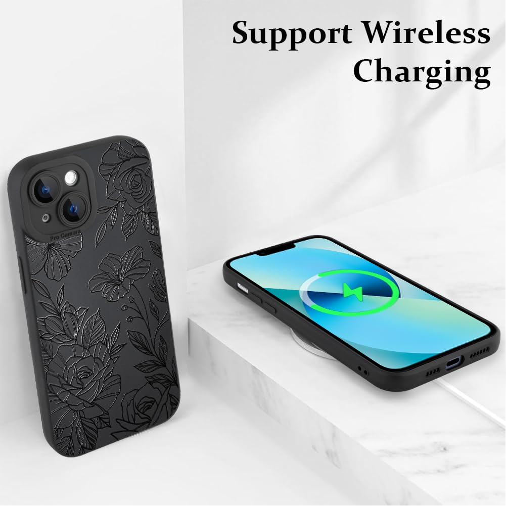 Lsl Case For Iphone 13 Black Floral Flower Pattern Print Case Soft Tpu Full Camera Lens Anti Drop Anti Scratch Shockproof Protec