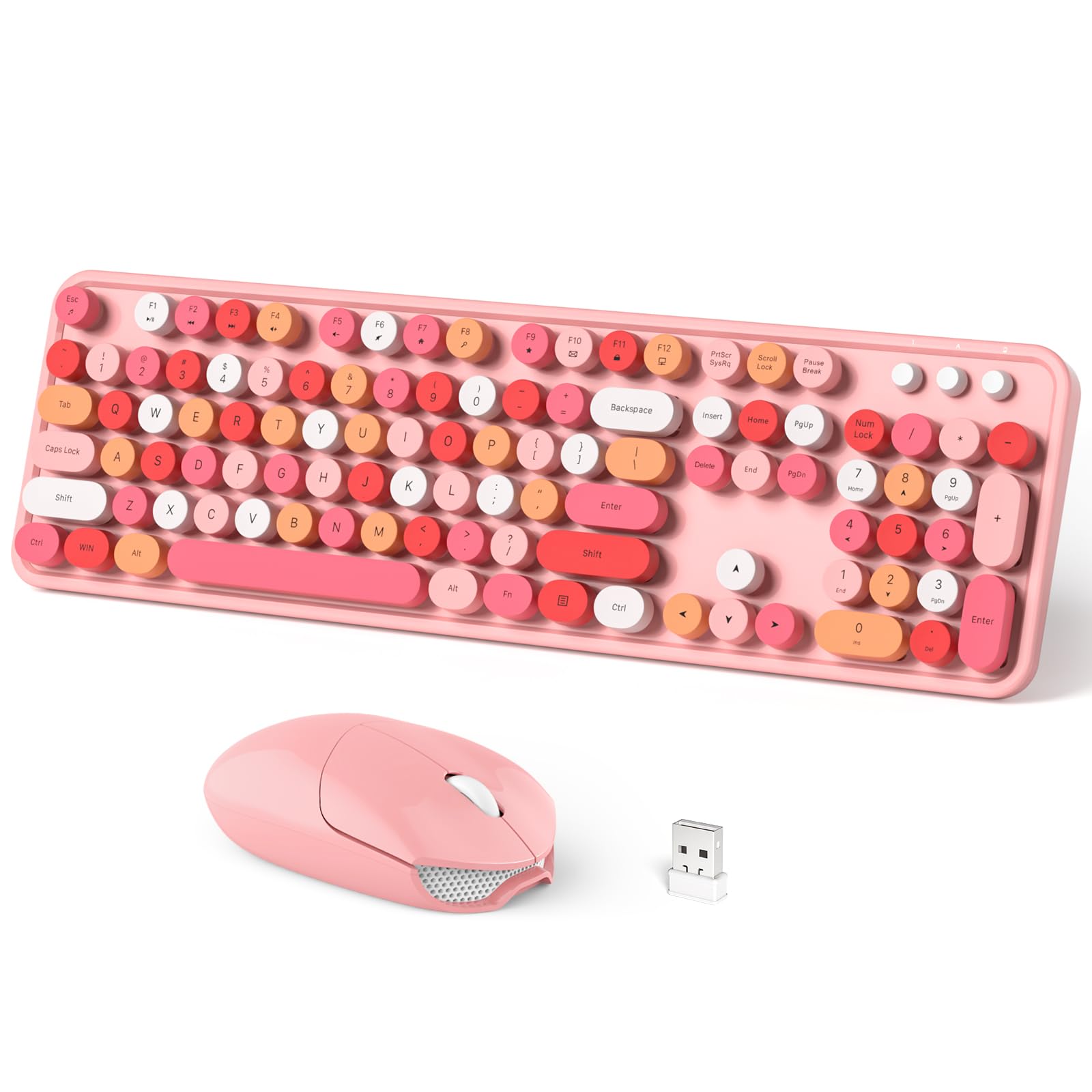 Dilter Wireless Keyboard And Mouse Combo, 104 Keys Full Sized 2.4 Ghz Round Keycap Colorful Keyboards, Usb Receiver Plug And Pla