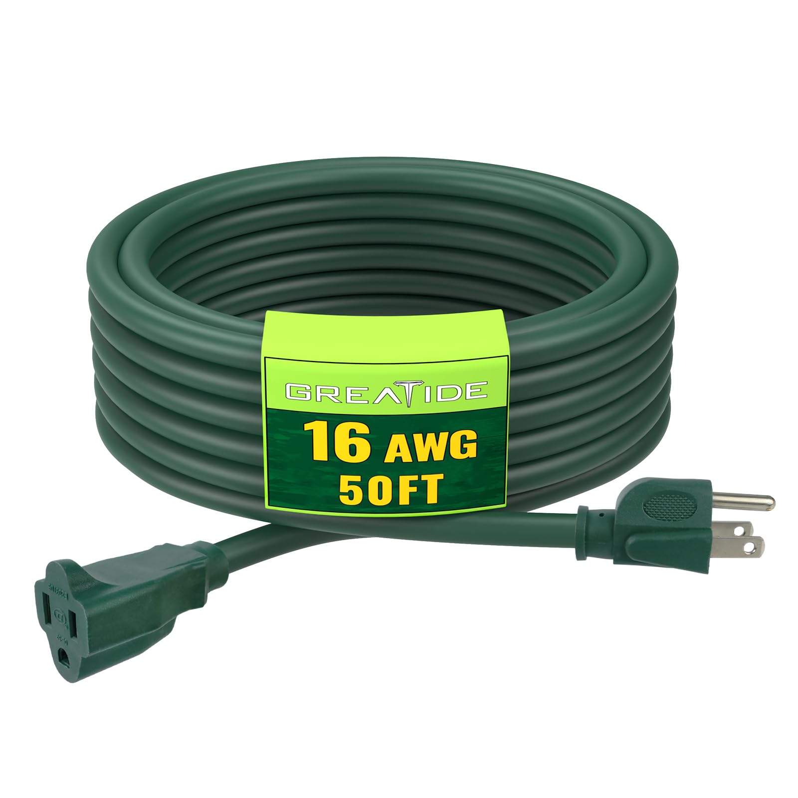 Greatide Indoor Outdoor Extension Cord 50 Ft, 16/3 Sjtw Weatherproof Green Electrical Cords, 13 Amp Heavy Duty 3 Prong Power Cab