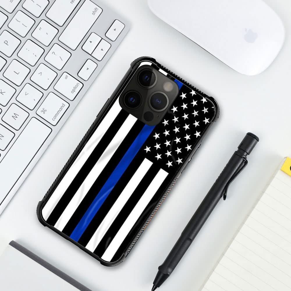 ZHEGAILIAN iPhone 14 Pro Protective Case Tempered Glass TPU Blue Line American Flag 6.1-inch