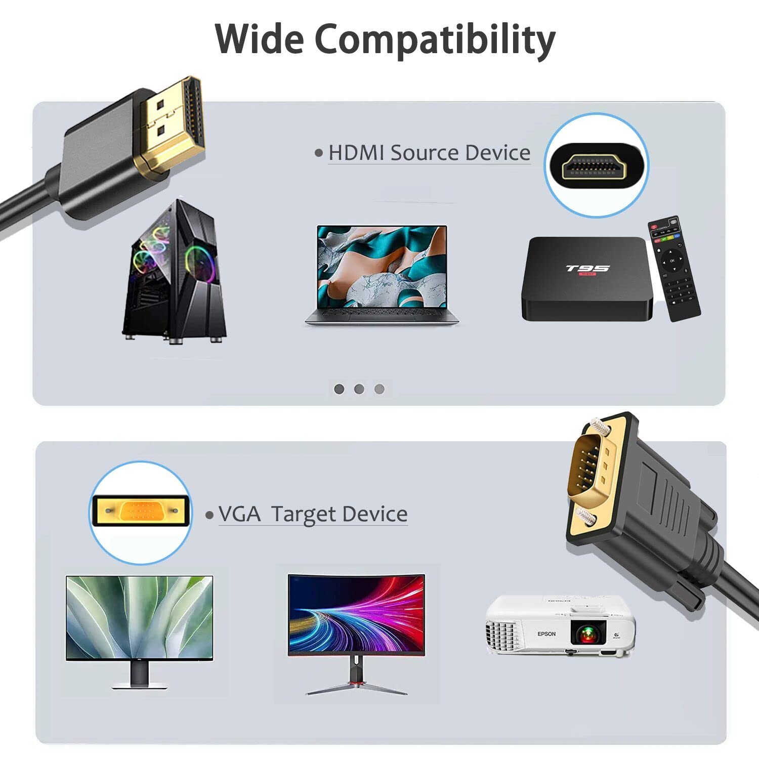 Akwor Hdmi To Vga, 6Ft Gold Plated Hdmi To Vga Cable (Male To Male) Compatible For Computer, Desktop, Laptop, Pc, Monitor, Projector, Hdtv, Raspberry Pi, Roku, Xbox And More