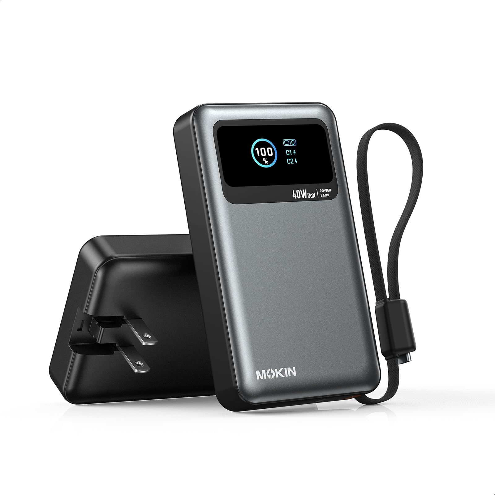 MOKiN 3in1 Power Bank,10000mAh 40W Portable Charger with Foldable Plug,Builtin USBC Cable & LCD Display,Travel Essential Pho