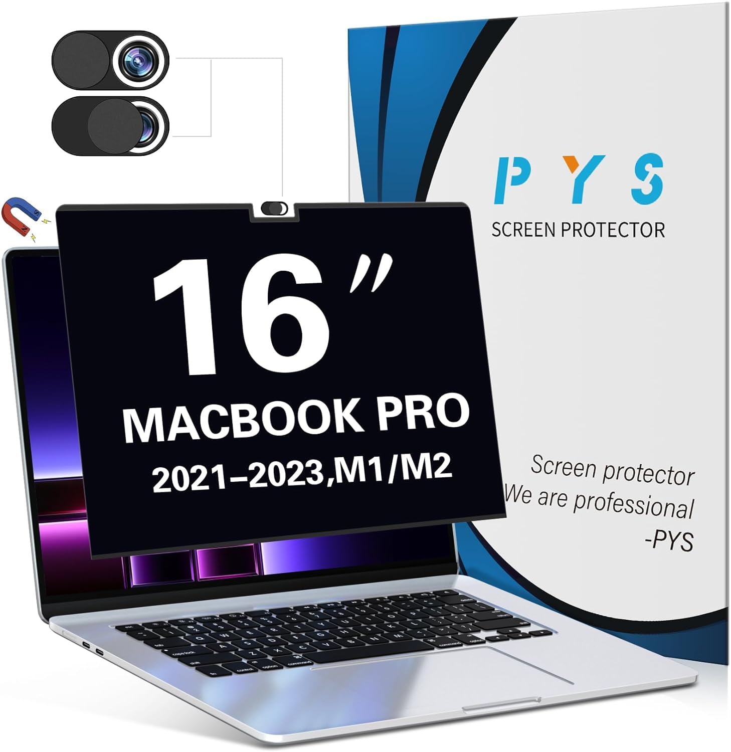 Pys Magnetic Privacy Screen Protector For Macbook Pro 16 Inch (2021 2023,M1,M2,M3,Pro,Max) + Camera Cover Slide 2 Pack   [Matte 