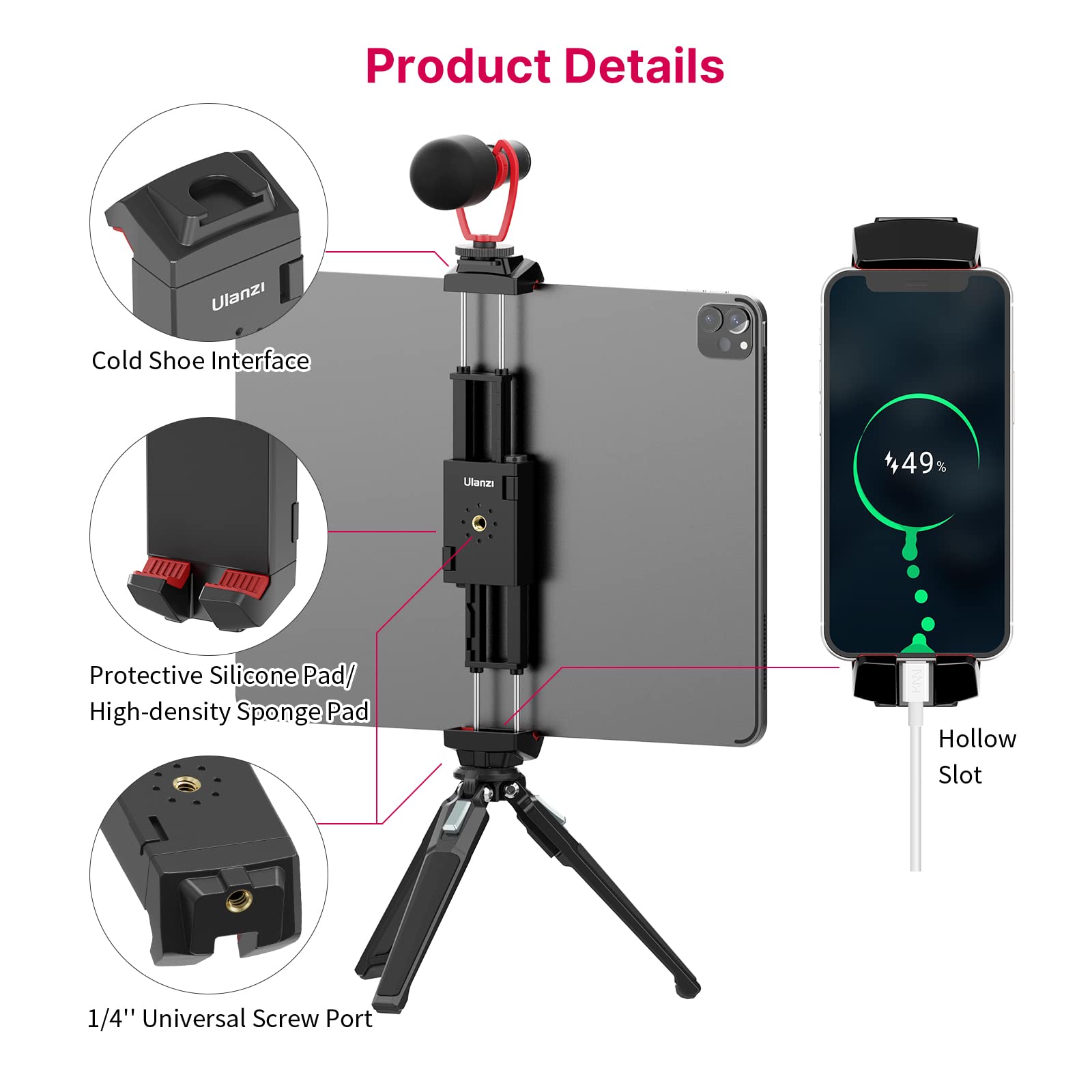 Ulanzi St-29 Phone Tripod Mount, Universal 2-In-1 Tablet Smartphone Holder Adapter With Cold Shoe Mount, 2.6 -8.8  Extend Clip C