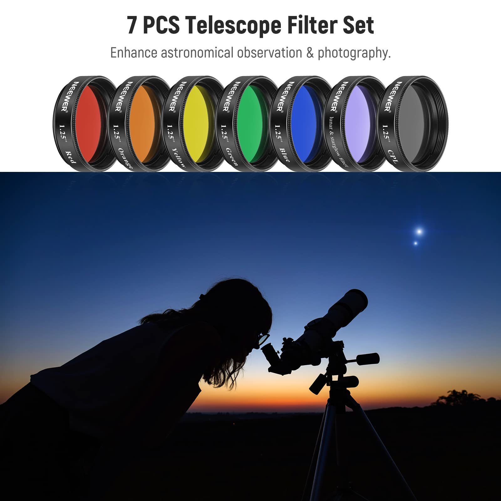 Neewer 1.25 Inches Telescope Moon Filter, Cpl Filter, 5 Color Filters Set(Red, Orange, Yellow, Green, Blue), Eyepieces Filters F