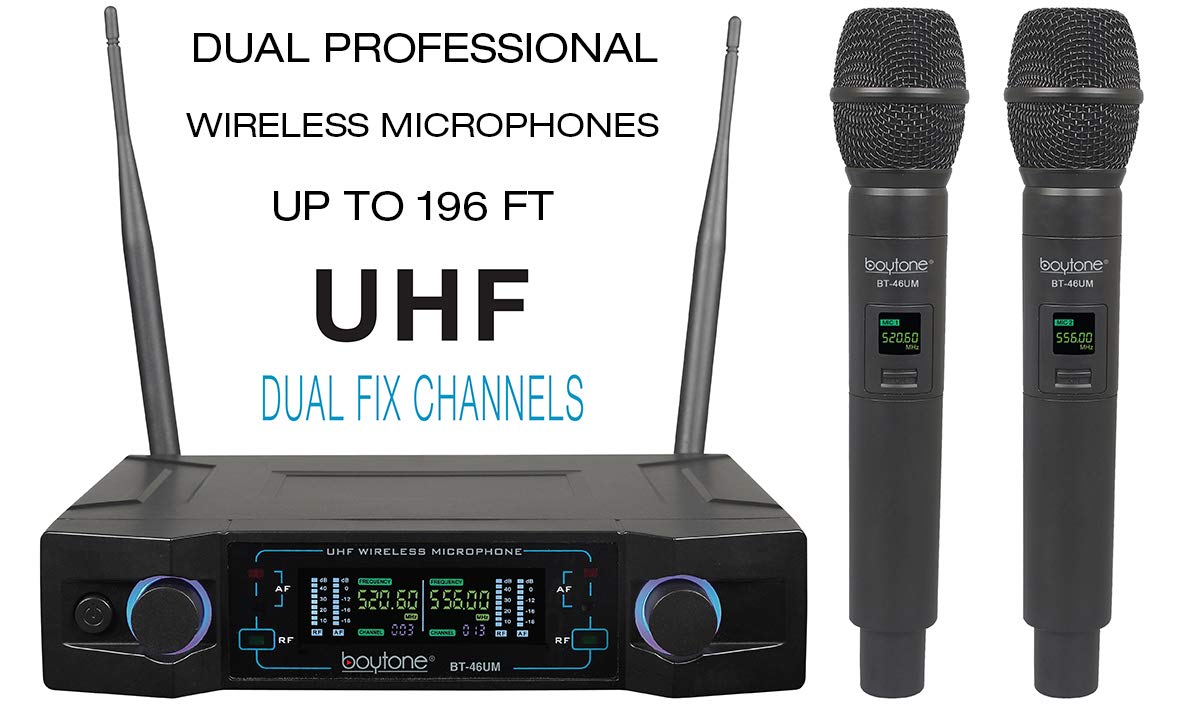 Boytone Bt 46Um Wireless Microphone System, Dual Uhf Cordless Mic Set, Long Distance 150 200Ft,16 Hours Continuous, Fixed Freque