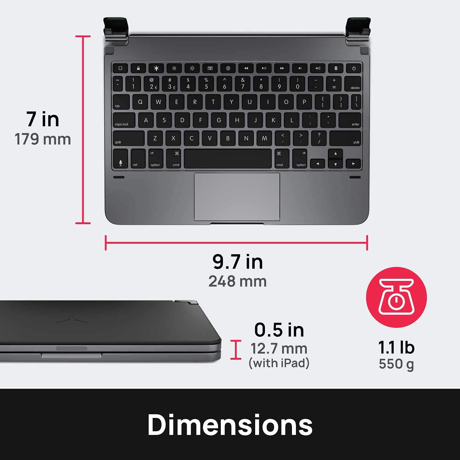 Brydge 11.0 Pro+ Wireless Keyboard With Trackpad | Compatible With Ipad Pro 11 Inch (1St, 2Nd & 3Rd Gen) | Native Multi Touch Trackpad | Backlit Keys | (Space Gray)