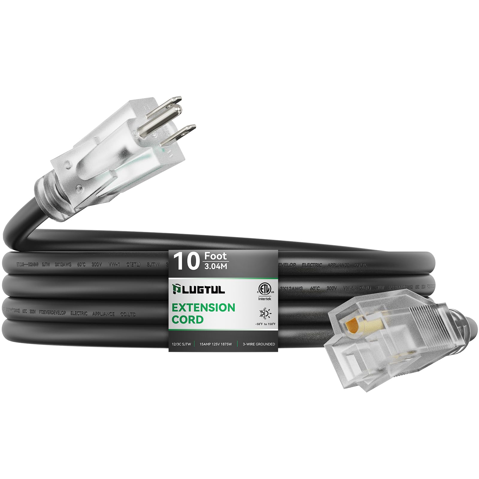 Plugtul Outdoor Extension Cord 10Ft, 12 Gauge Extension Cord With Lighted End, Heavy Duty,15A 1875W Sjtw, Etl Listed, Great For