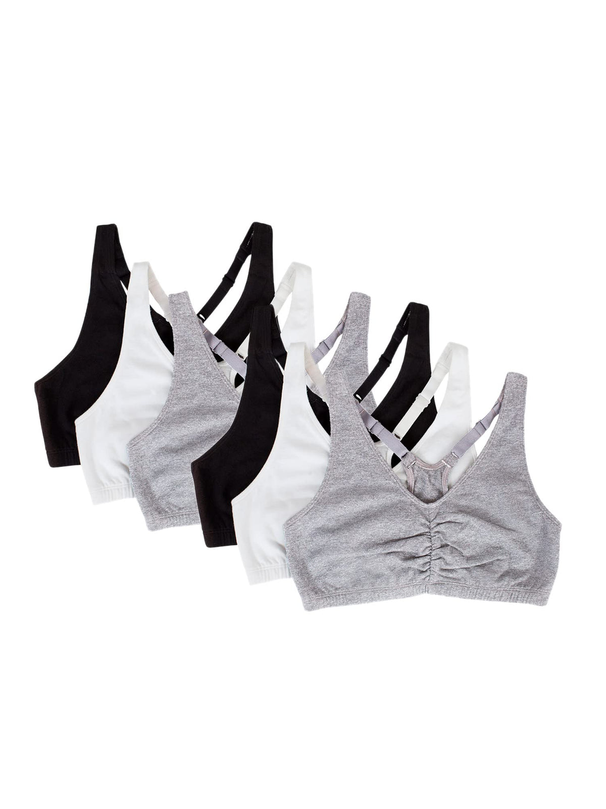 Fruit Of The Loom Womens Adjustable Shirred Front Racerback Sports Bra, Heather Greywhiteblackheather Greywhiteblack 6 Pack, 36