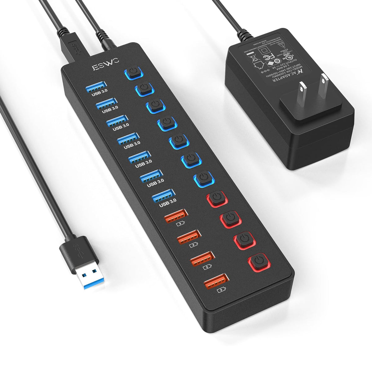 Powered Usb Hub, Jeswo 11-Port Usb Hub 3.0 Splitter (7 Usb 3.0 Data Transfer Ports + 4 Smart Charging Port), Usb Hub Powered Wit