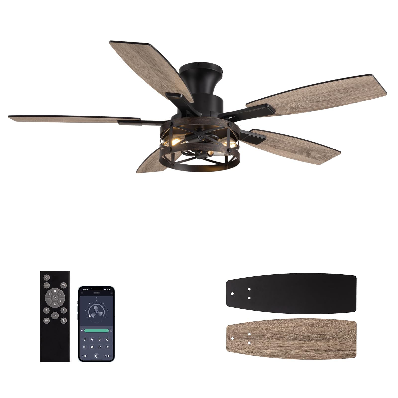 52 Inch Ceiling Fans with Lights and Remote & APP Control, Farmhouse Ceiling Fan with LED Lighting for Bedroom Living Room and P