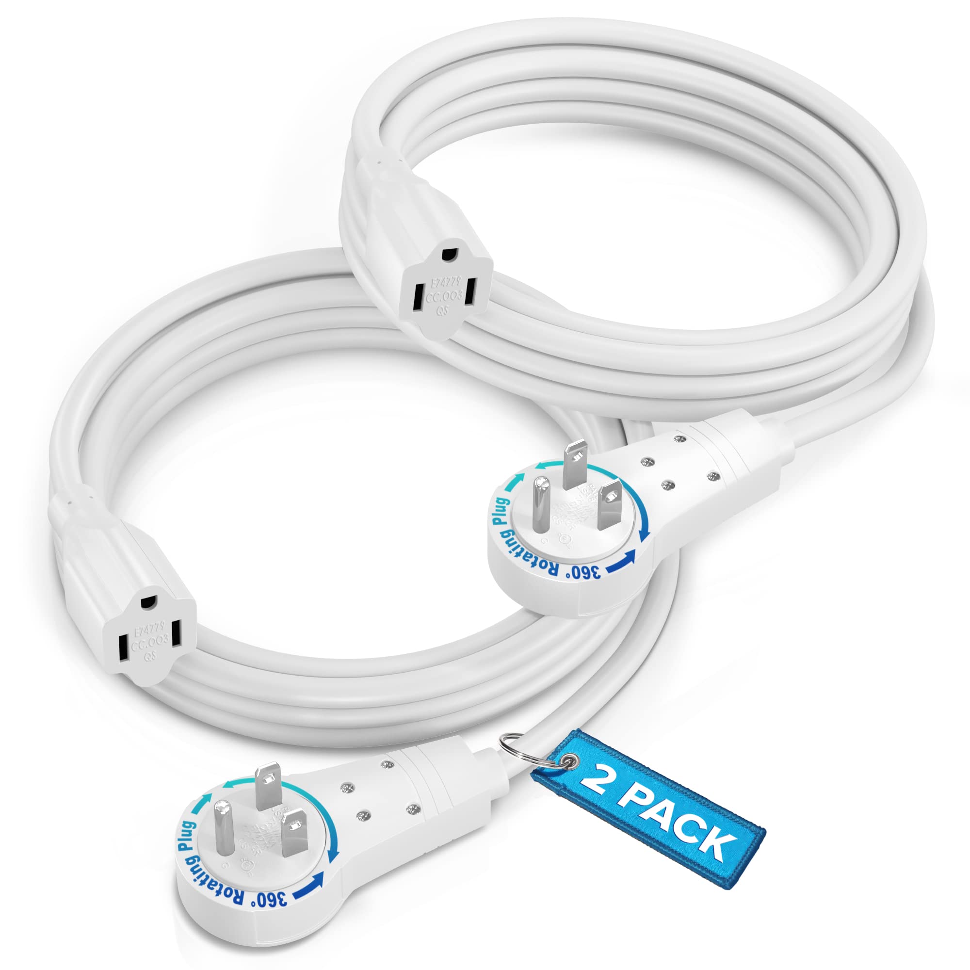 Maximm Extension Cord 6 Feet White (2 Pack) Flat Plug, 360 Rotating Short Power Cord Single Outlet, Indoor 16 Gauge 3 Prong Grou