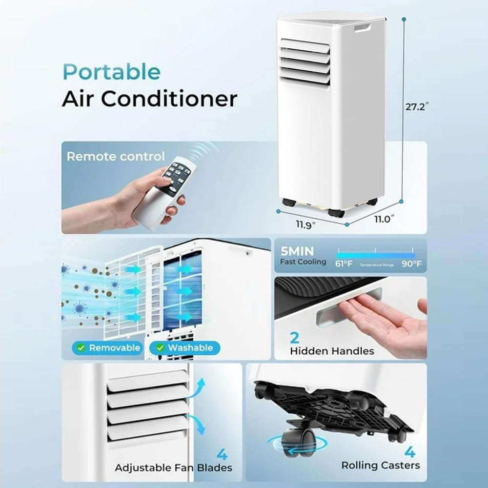 Electactic Portable Air Conditioner 8000 Btu (Ashrae), 3-In-1 Mode Ac Cools Up To 350 Sq. Ft., Led Display & Remote Control, 24H