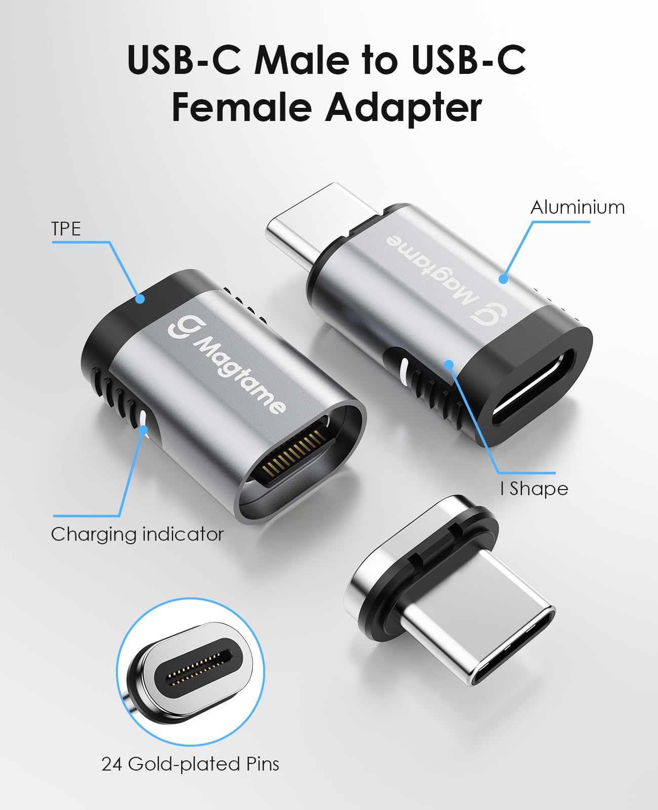2Pack Magnetic Usb C Male To Usb C Female Adapter, 240W Type C Adapter Extender, 20Gbps Data Transfer 4K Video Output For Steam