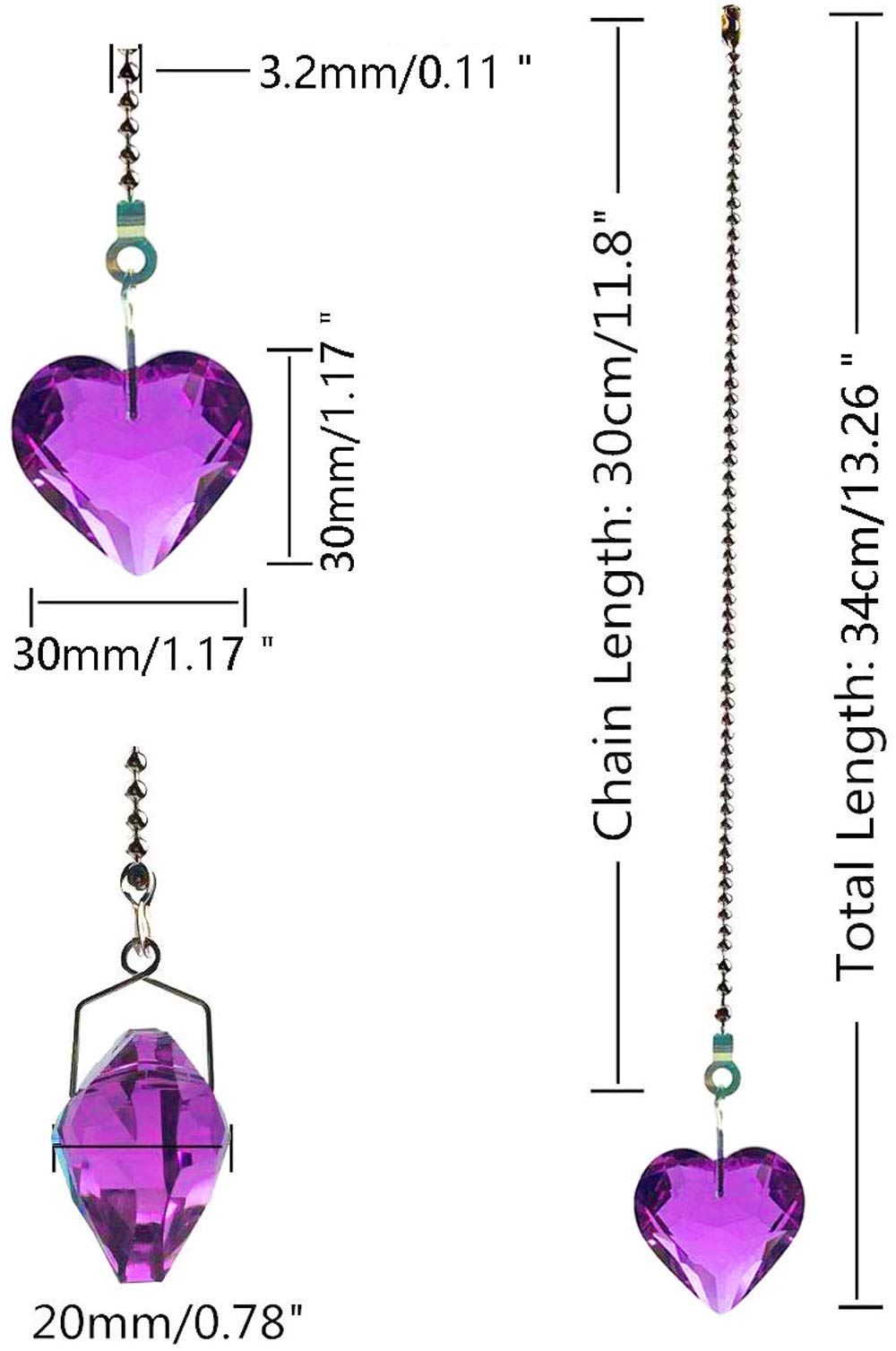 Hyamass 2Pcs Crystal Heart Prisms Pendant Ceiling Fan Pull Chain Extender With Ball Chain Connector (Golden Yellow+Purple)