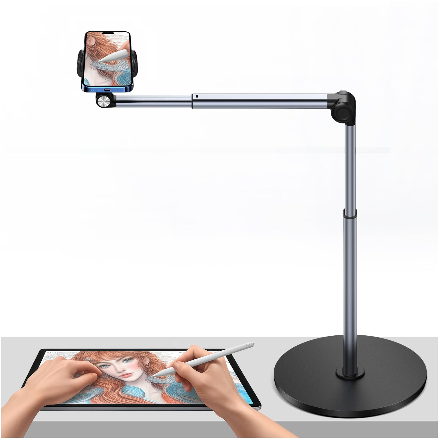 yAyusi Heavy Duty Aluminum Overhead Phone Mount, 13.7 in Long Phone Stand for Recording, Flexible Articulating Arm Phone Mount f