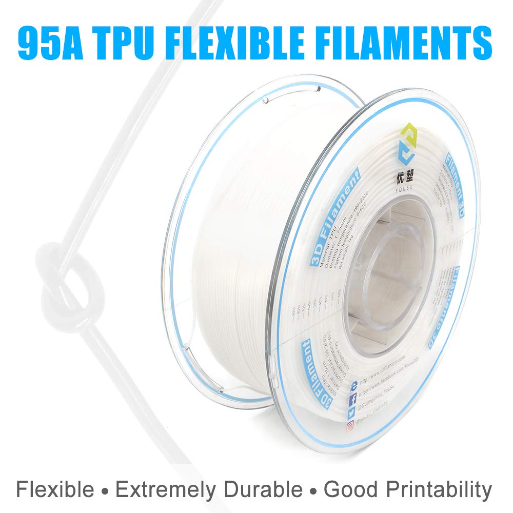 Yousu Flexible Tpu 3D Printer Filament White Tpu Filament 1.75Mm 1Kg, Dimensional Accuracy +/  0.03 Mm, 95A Shore Hardness And G