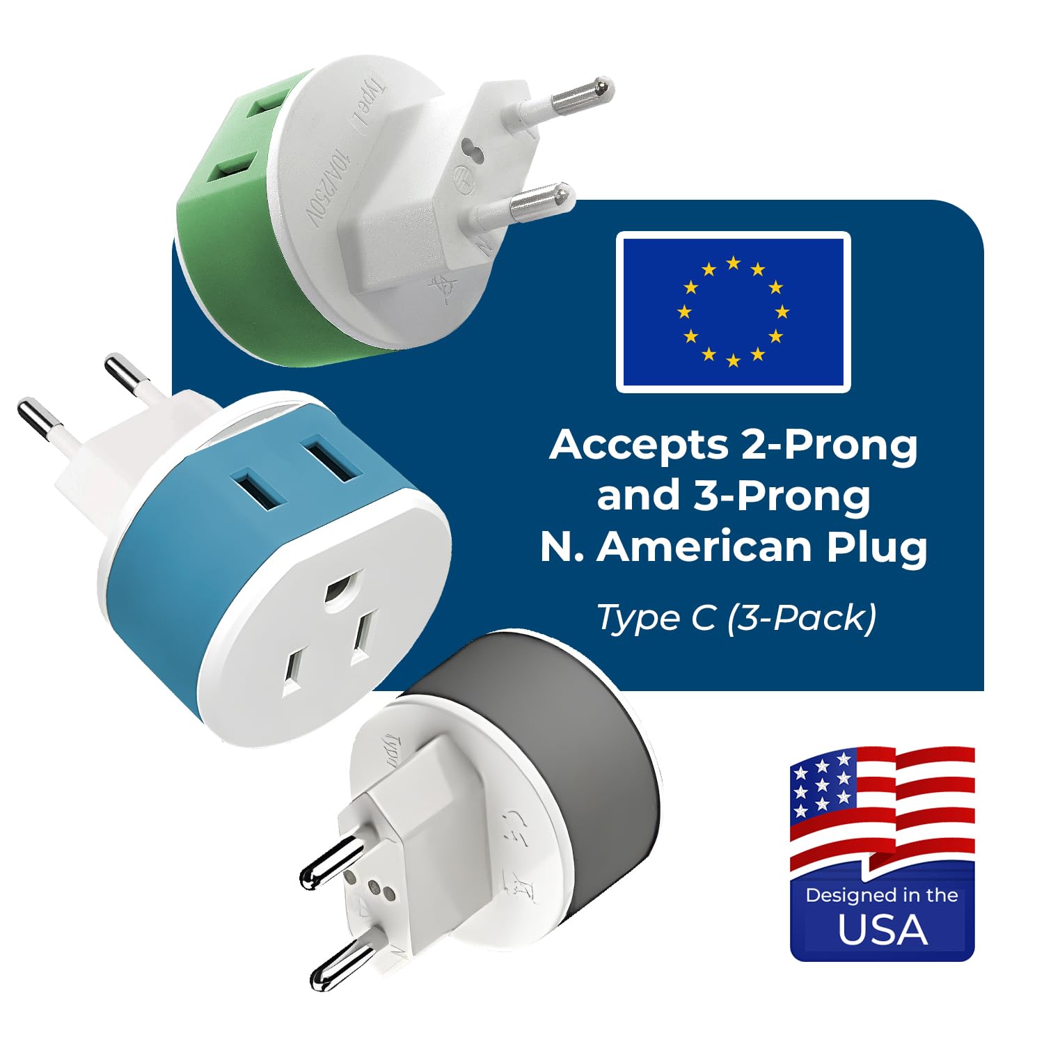 Turkey Adapter Orei European Power Plug Adapter, With 2 Usa Inputs Travel 3 Pack Type ...