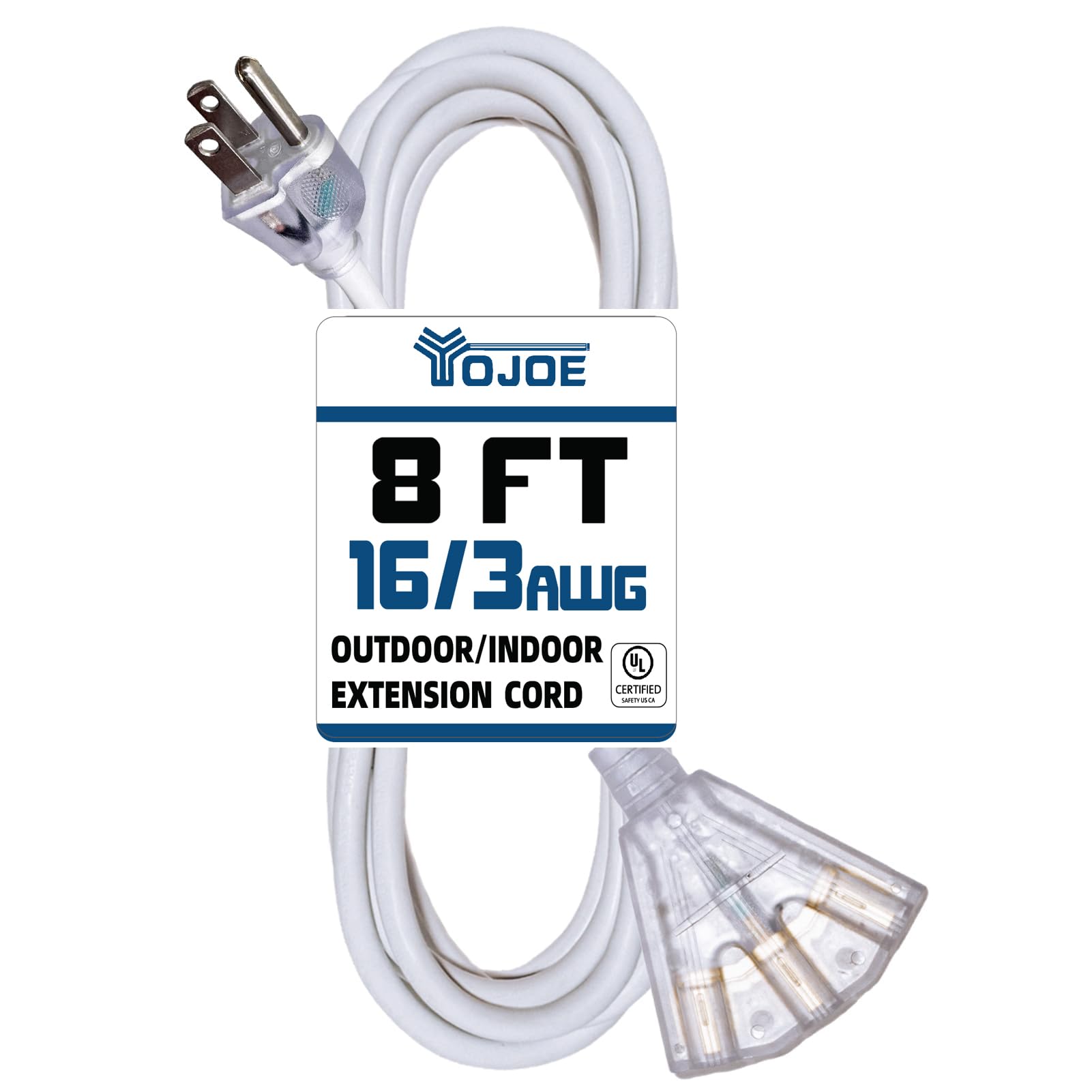 Yojoe 3 Outlets Indoor Outdoor Extension Cord With Lighted End, 3 Prong 13A Weatherproof Power Cord, 16 Gauge Heavy Duty 8 Ft Wh