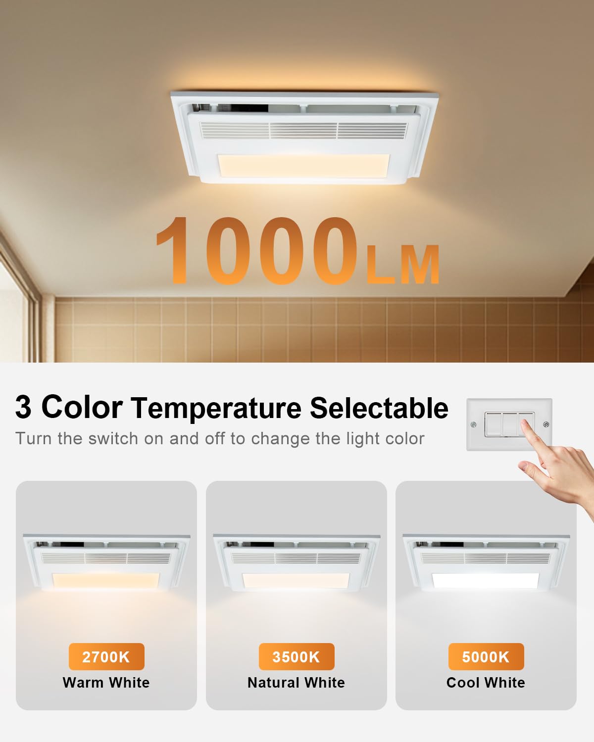 Growneer Bathroom Exhaust Fan With Heater, 110 Cfm 1.5 Sone Exhaust Fan With Light, 35W Bathroom Fan With Led Light 2700K/3500K/