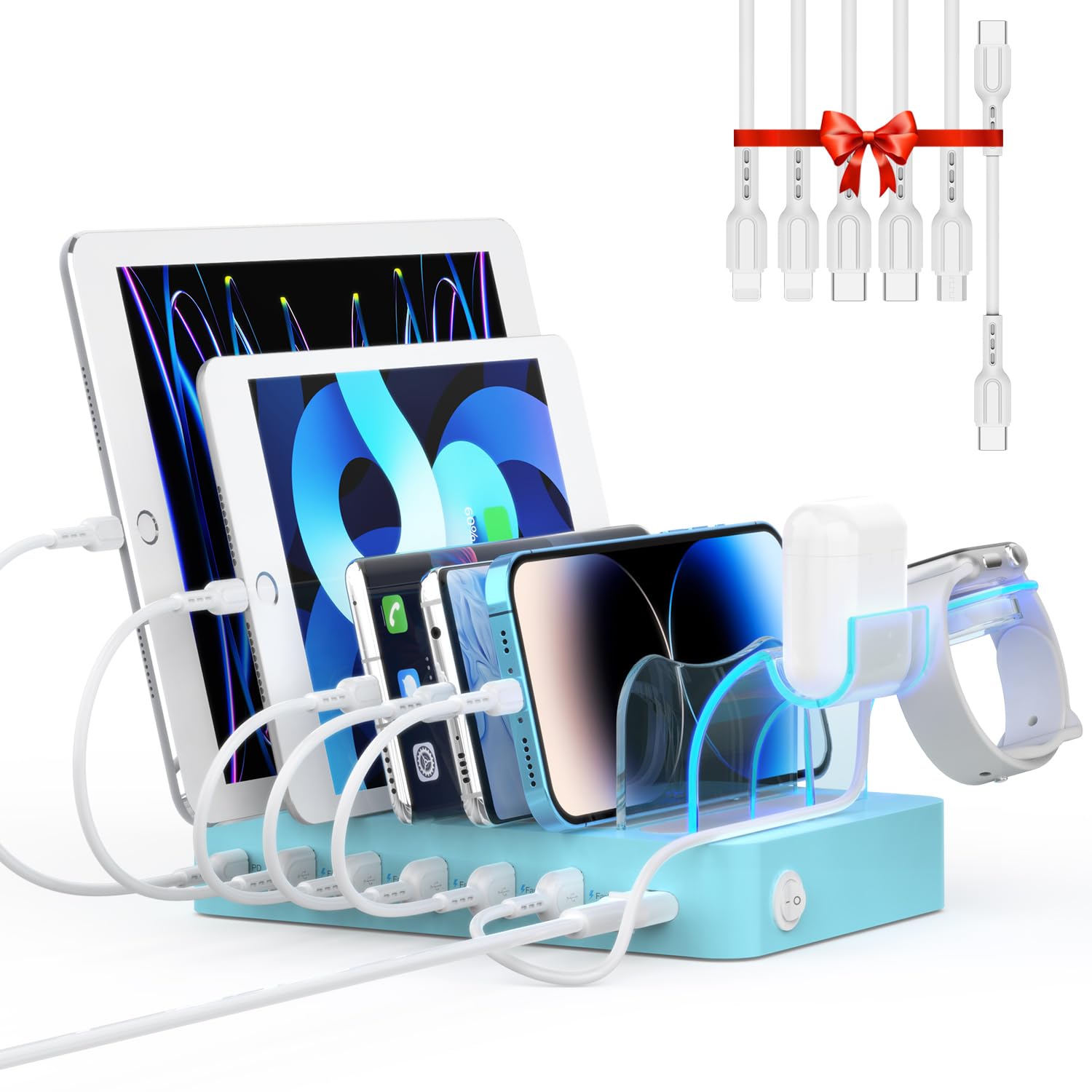 Soopii 60W 6 Port Pd Charging Station For Multiple Devices, 20W Pd Usb C Fast Charging For Lphone 14/13/12,6 Short Cables Includ