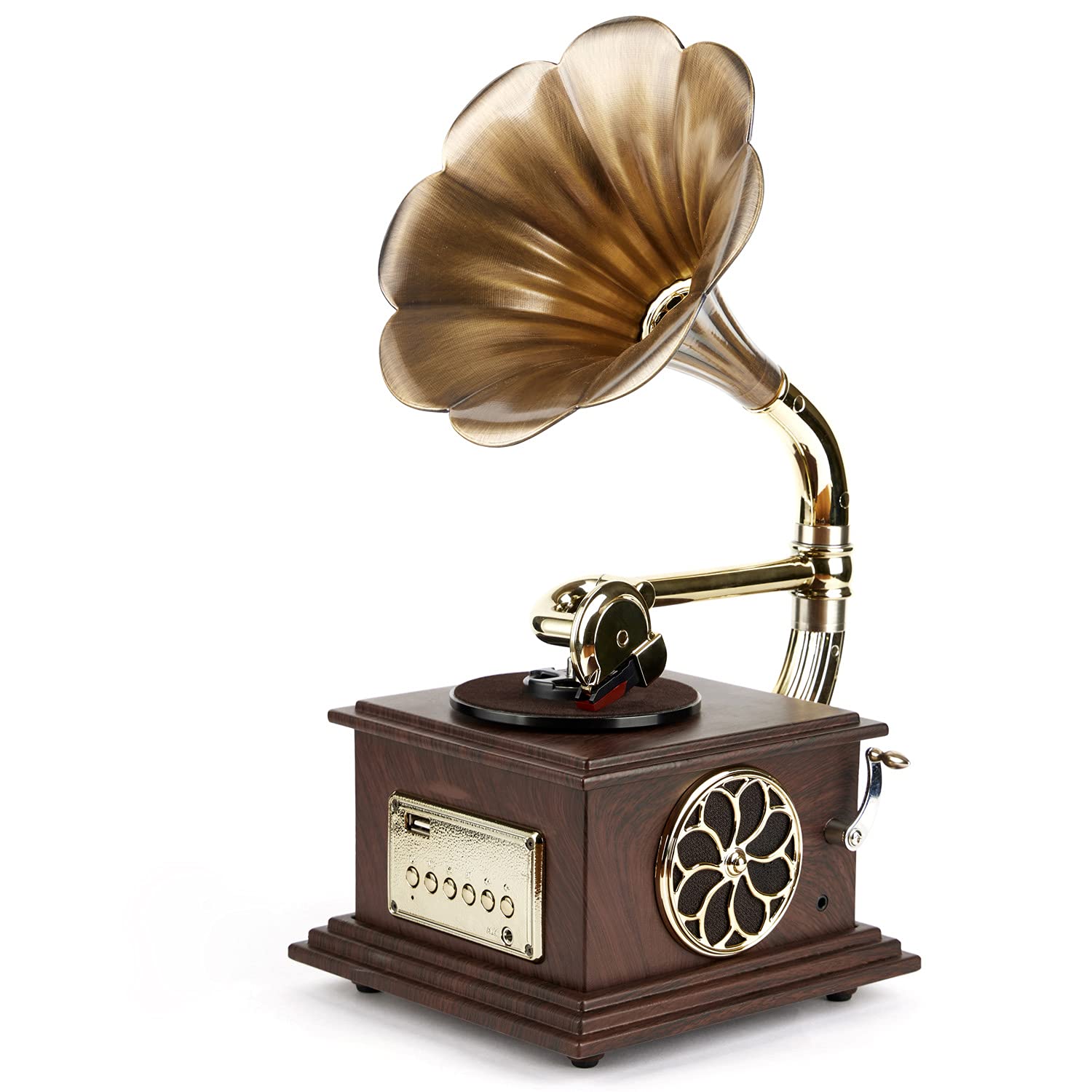 Asommet Gramophone Record Player Retro Turntable All In One Vintage Phonograph Nostalgic For Lp With Copper Horn, Built In Speak