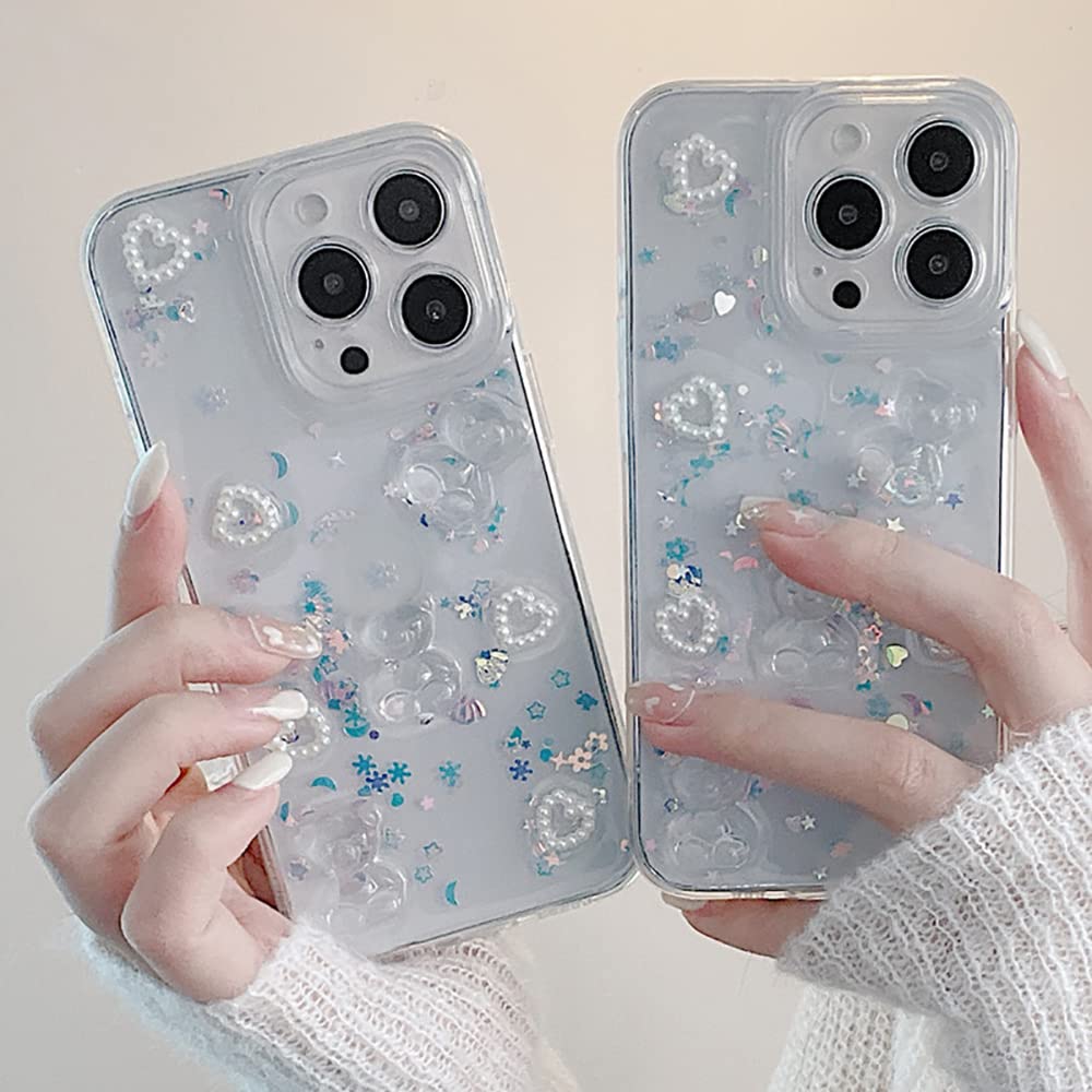 Fycyko iPhone 12 Case 3D Bear Glitter Bling Clear TPU with Phone Charm 6.1 inch