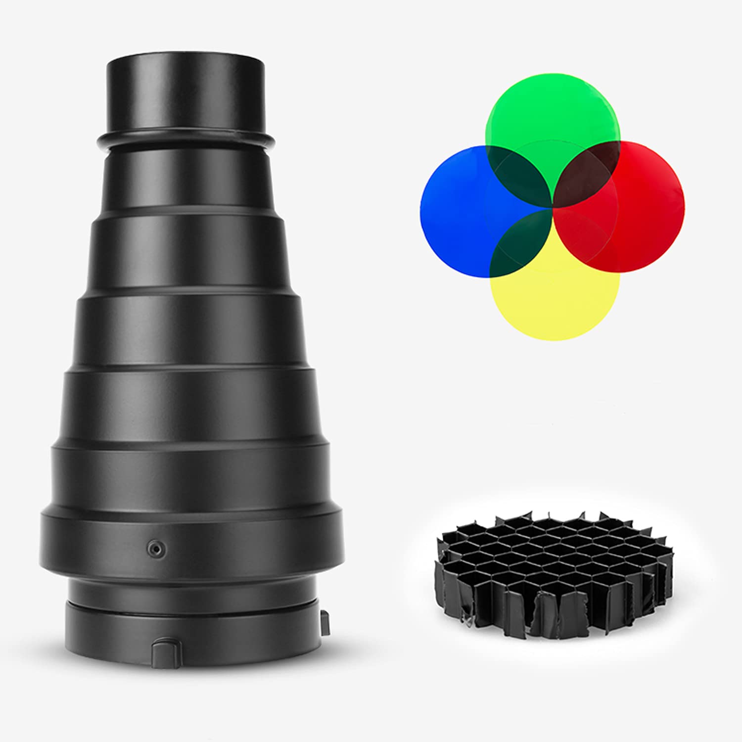 Tuyung Aluminium Alloy Conical Studio Snoot Kit With Honeycomb Grid And 5Pcs Color Filters For Godox Bowens Mount Strobe Moonlig