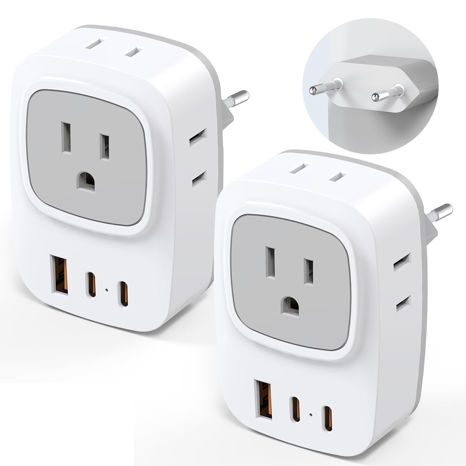 2 Pack European Travel Plug Adapter, 7 in 1 Brazil Power Adapter, 4 AC Outlets with 3 USB Charging Ports, International Power Ad