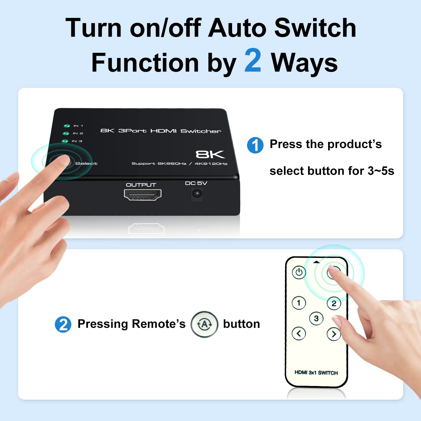 8K@60Hz Hdmi 2.1 Switch 3 In 1 Out,Newcare 4K@120Hz Hdmi Switcher 3 Port, 8K Hdmi Auto Switch 3X1 Selector With Ir Remote For Xbox,Ps5,Ps4,Uhd Tv, Support 48Gbps, Hdcp 2.3,Hdr 10+, 1080P@240Hz