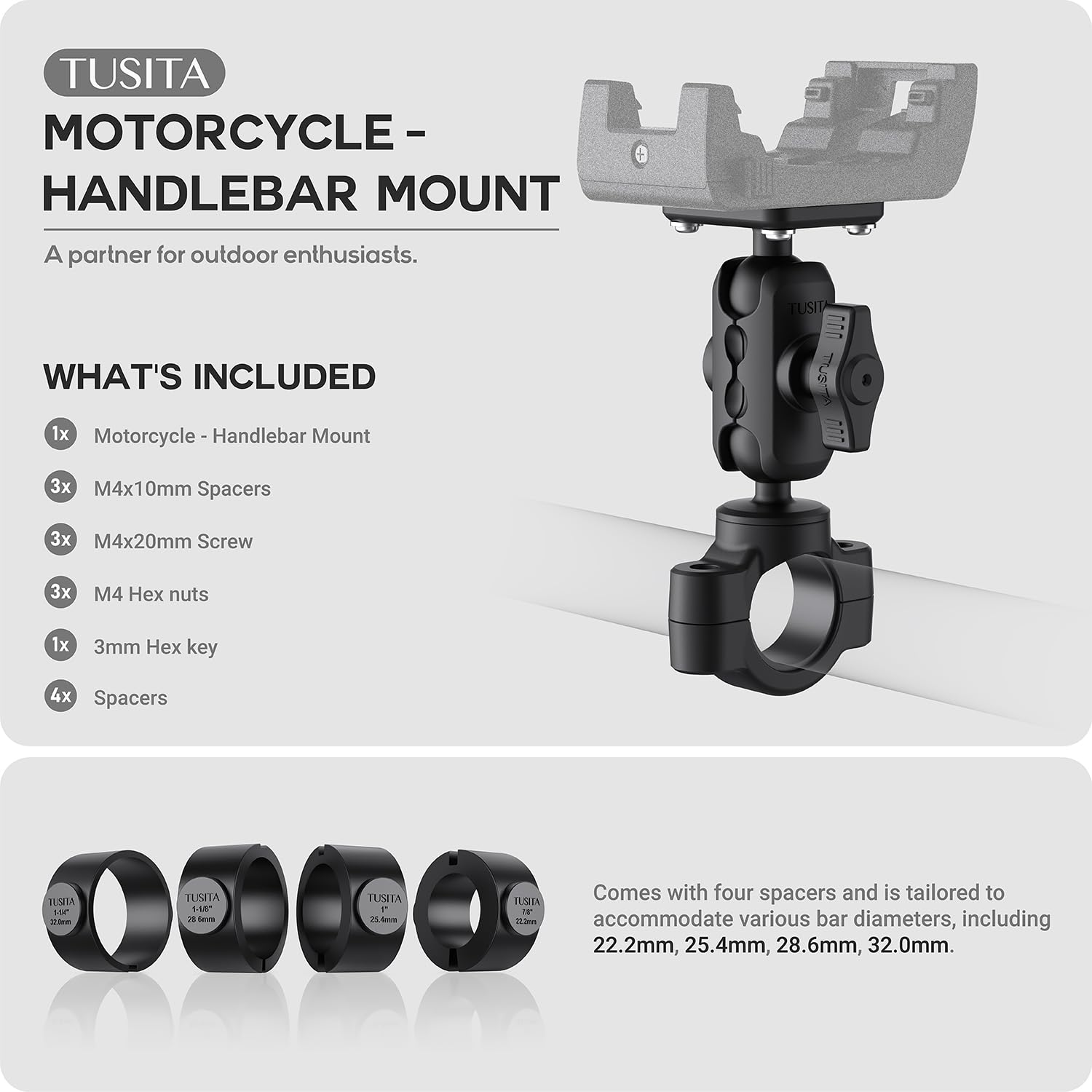 Tusita Motorcycle Gps Mount Compatible With Garmin Montana, Zumo Xt Gps   Handlebar Base With Double Socket Arm