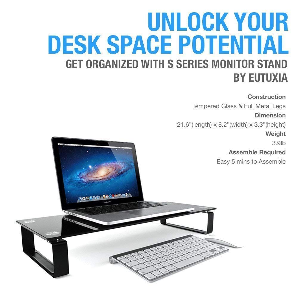 Eutuxia Type S Black Tempered Glass Monitor Stand, Tv, Laptop, Computer, All In One Desktop, Printer Riser [21.75 X 8.25 X 3.25 Inches]