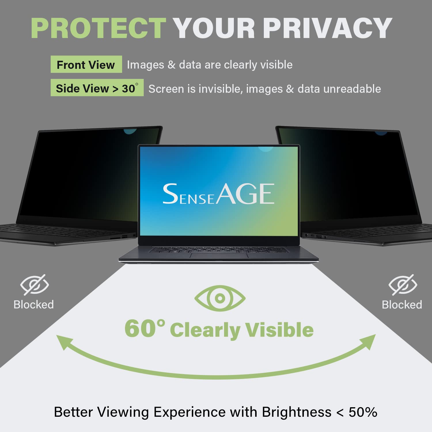 Senseage 13.3 Inch 16:9 Widescreen Laptop Privacy Screen Filter For 60 Degree Privacy, Upgraded Anti Glare, Uv Light Reduction &