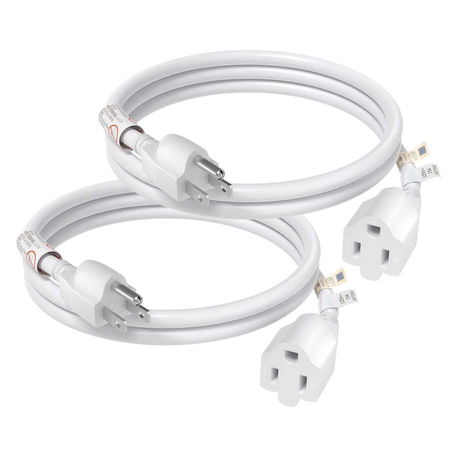 Firmerst 1875W 3 Ft Extension Cord 14 Awg 15A 3 Prong White, 2 Pack