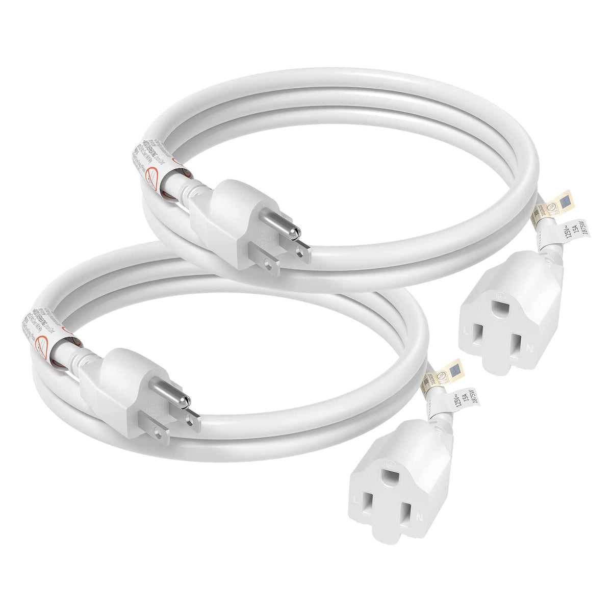 Firmerst 1875W 3 Ft Extension Cord 14 Awg 15A 3 Prong White, 2 Pack