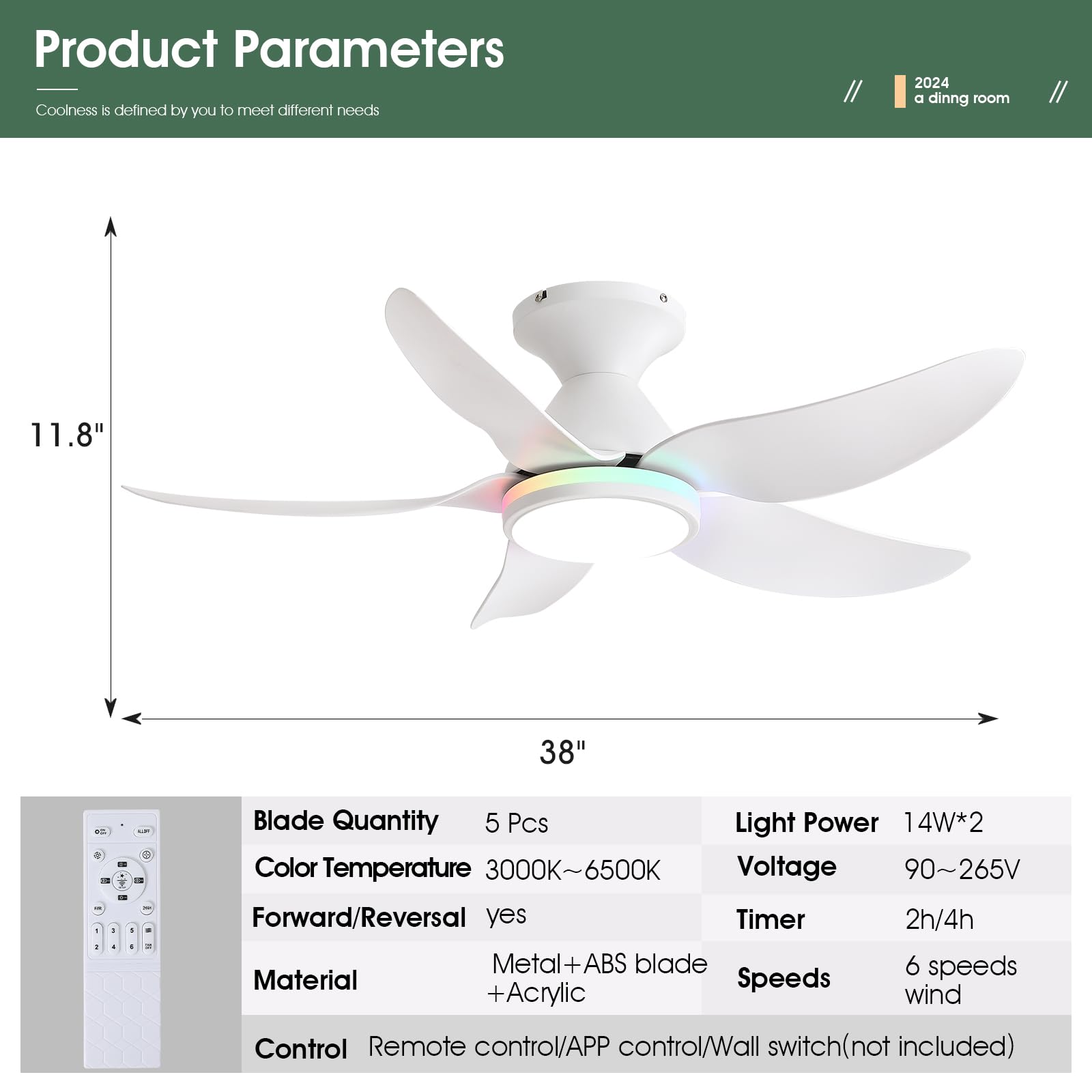 Kviflon Ceiling Fans With Lights Remote/App Control, 38'' Low Profile Ceiling Fans With Dimmable White Colors+Ring Rgb Lights, 6