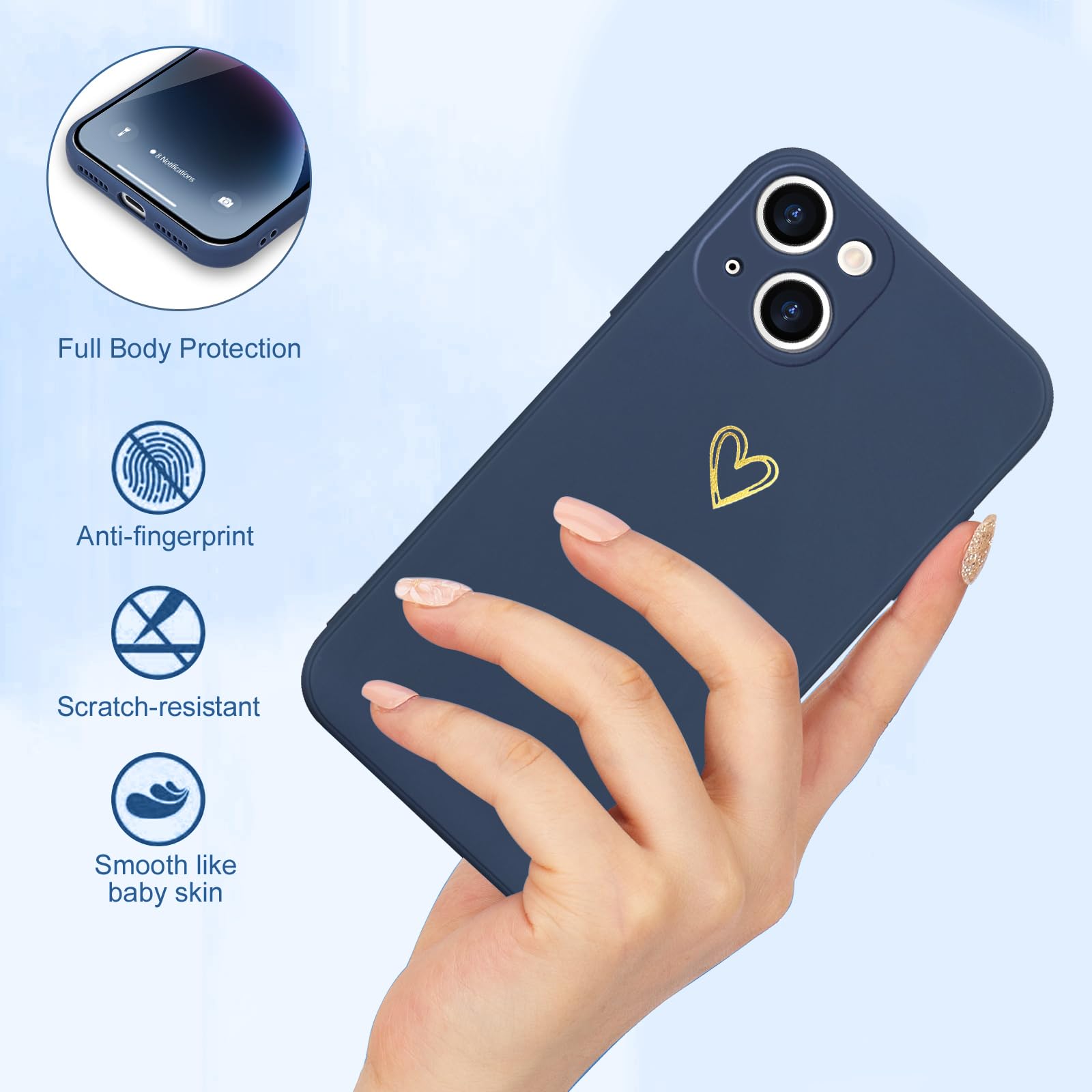 Wirvyuer For Iphone 14 Case Cute Slim Shockproof Phone Case With Wireless Charging Support And Protection, Navy Blue