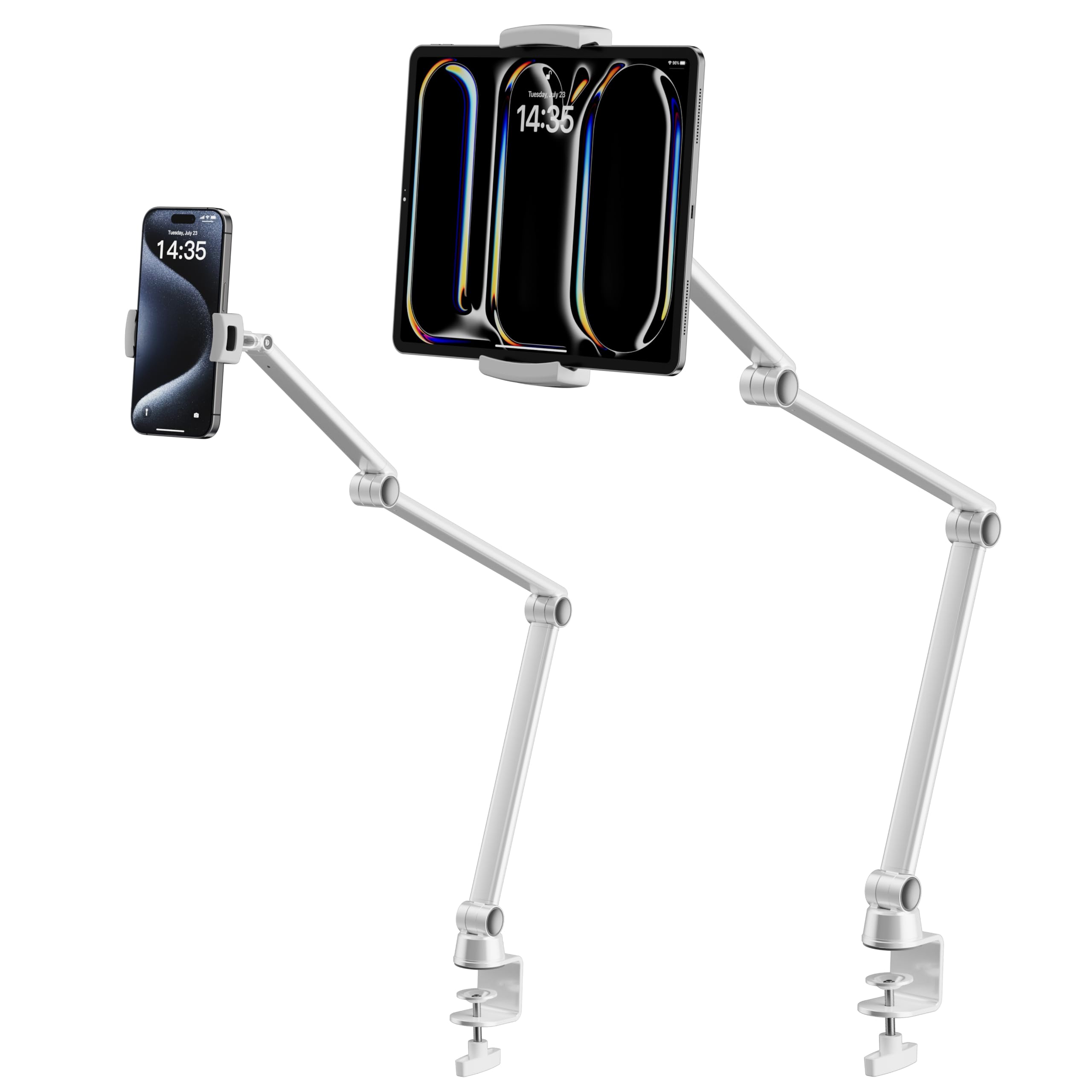Lululook Tablet Stand, Aluminum Alloy Stretchable Arm Phone Holder Mount, Adjustable Kindle Stand Compatible With Ipad Pro 12.9/Air 13 Inch, Galaxy Tabs, Phones, Kindle, Tablet 4.7' 13'(2 Clips)